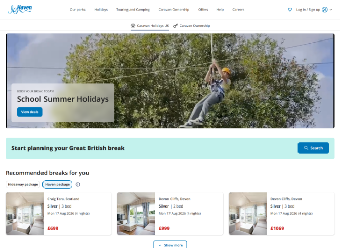 Haven holiday website showing customer-facing content