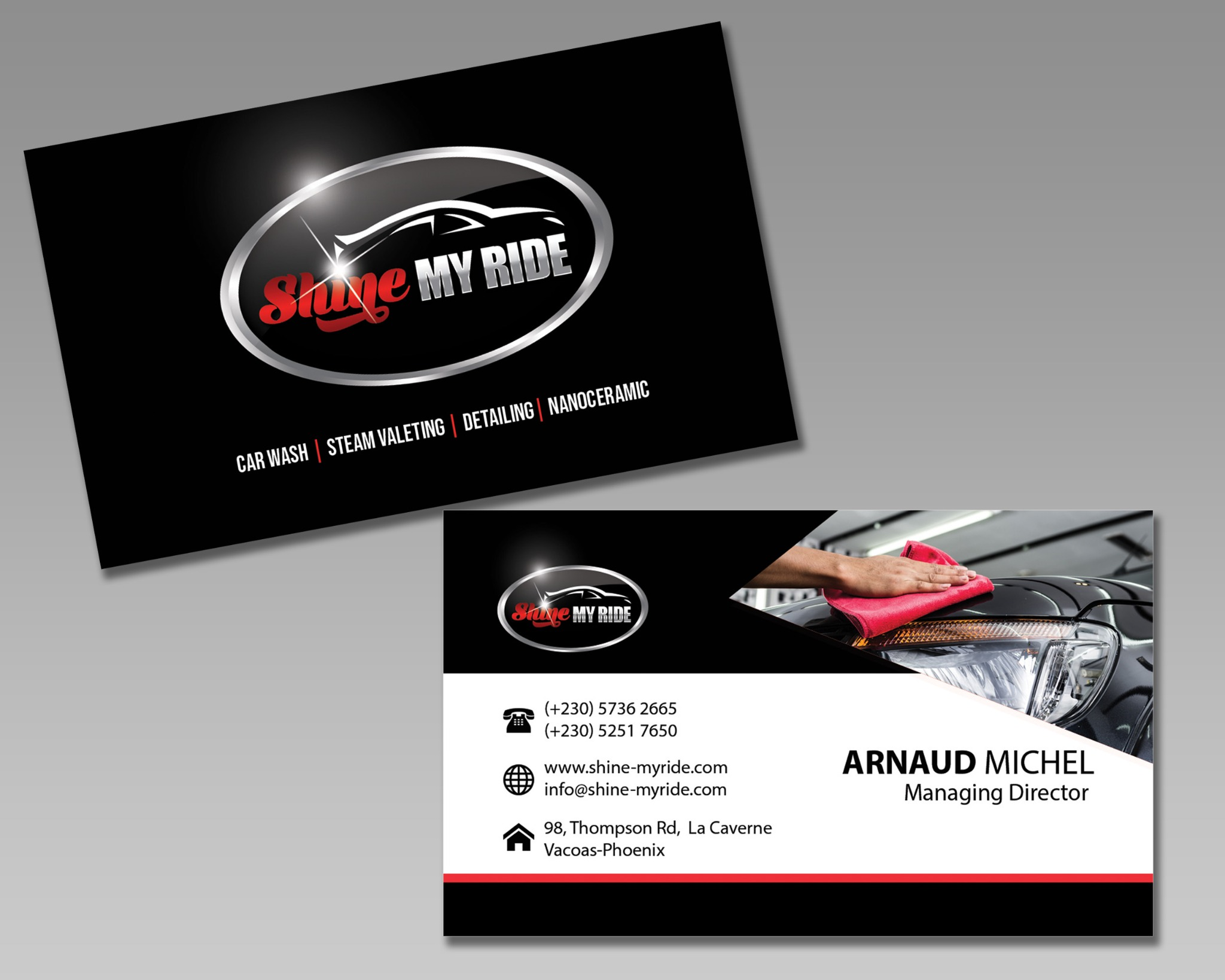 Shine My Ride Mauritius logo and business card design