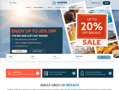Warner Hotels website showing promotional and booking content
