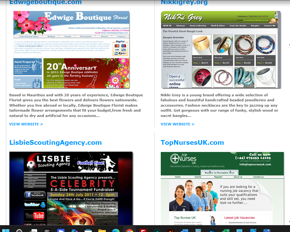 Selected archived websites including Edwige Boutique, Nikki Grey, Lisbie Scouting Agency and Top Nurses UK